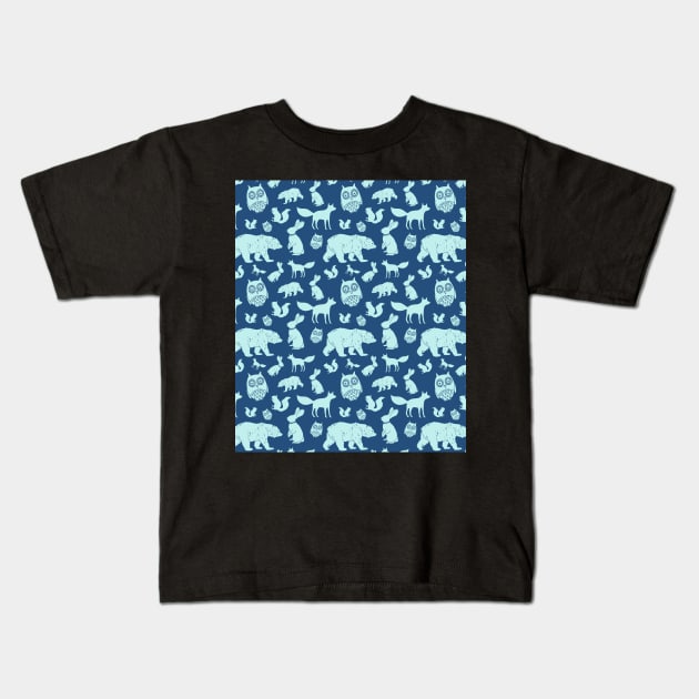 Navy Light Blue Woodland Animals Fox Bear Owl Kids T-Shirt by dreamingmind